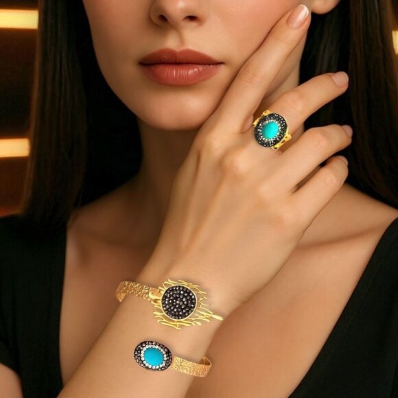 Turkish Handmade Adjustable 18K Gold Plated Turquoise Cuff Ring Exclusive Set - Picture 13 of 13